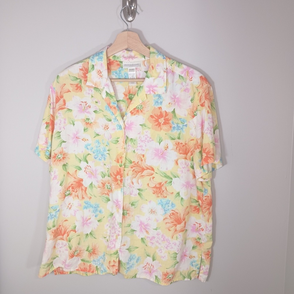 Vintage Linen Floral Tropical Button Up Blouse Size L Vacation Resort Wear